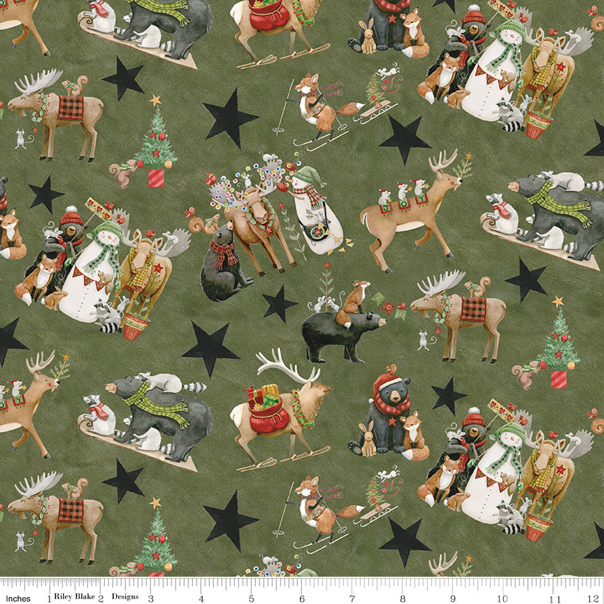 Christmas-themed fabric with animals and stars on a green background