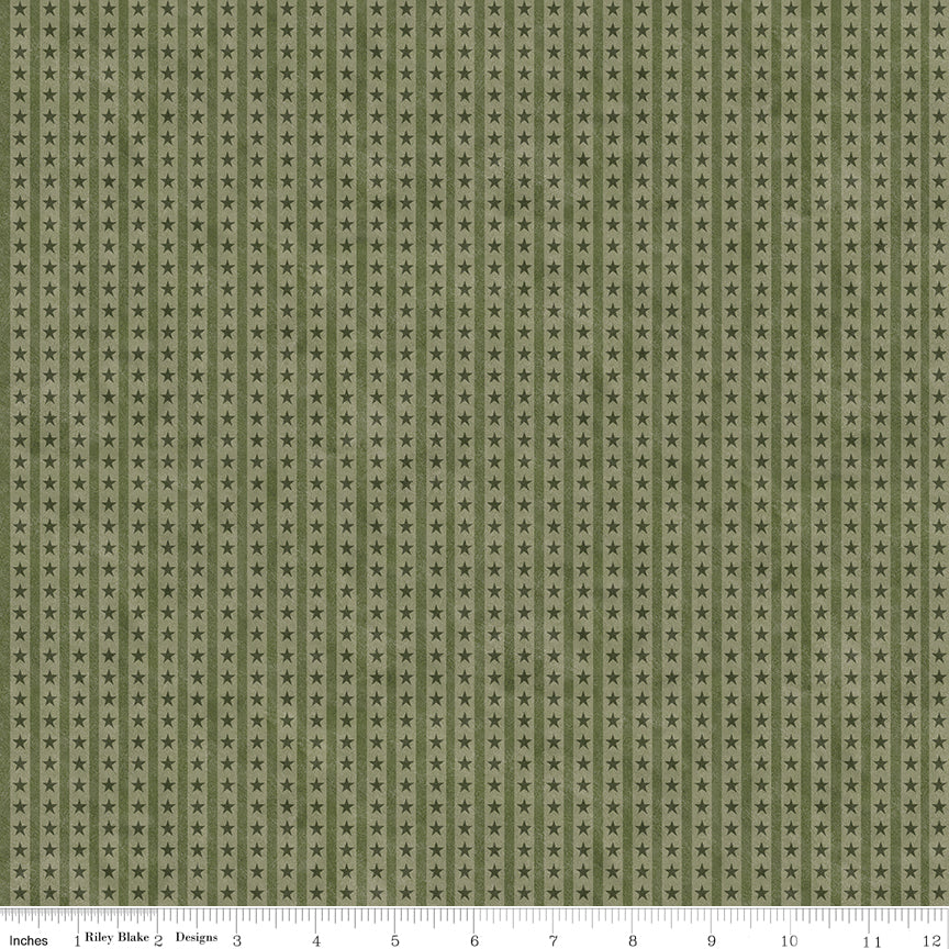 Fabric featuring star-filled stripes on a green background with a ruler at the bottom for scale.