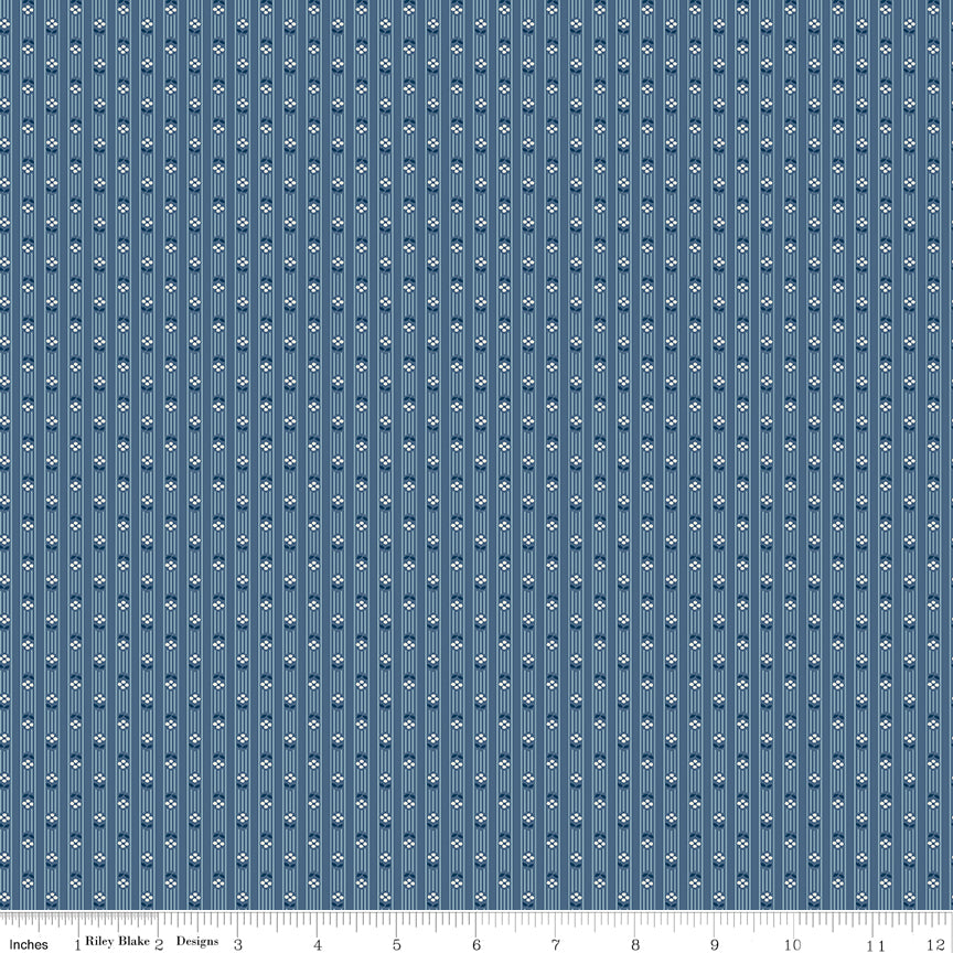 Blue fabric with stripes made of white lines and flowers.