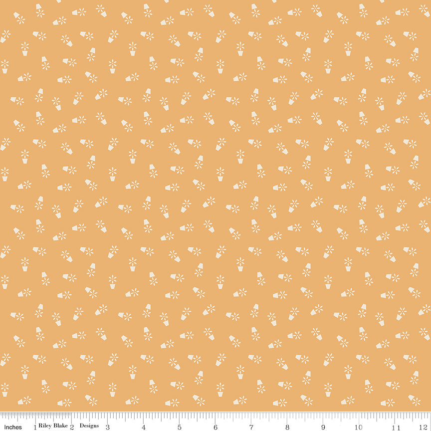 Yellow fabric with tiny flower pots.