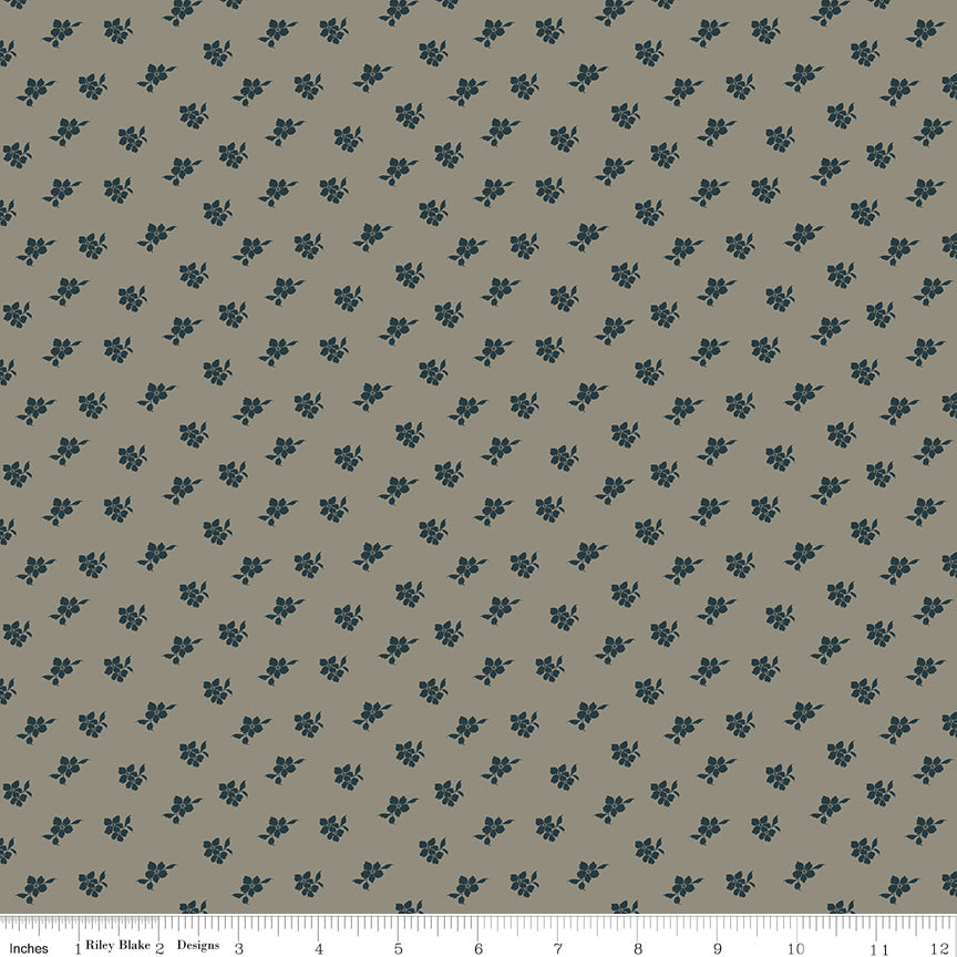 Light gray fabric with scattered blossoms.