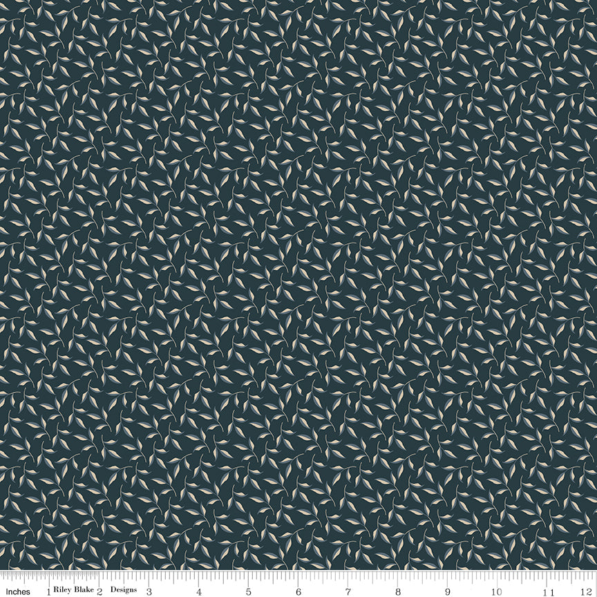 Black fabric with sprigs of leaves.
