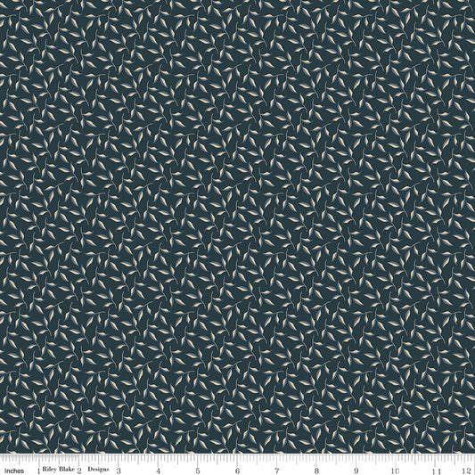 Black fabric with sprigs of leaves.