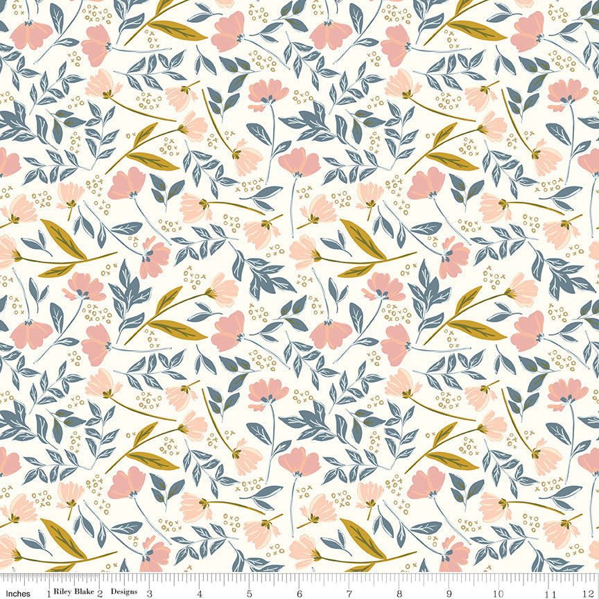 Off-white fabric with sprigs of flowers and leaves with X's and O's.