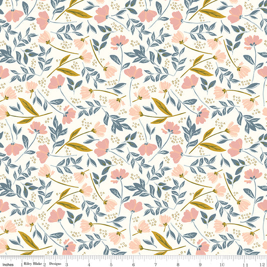 Off-white fabric with sprigs of flowers and leaves with X's and O's.