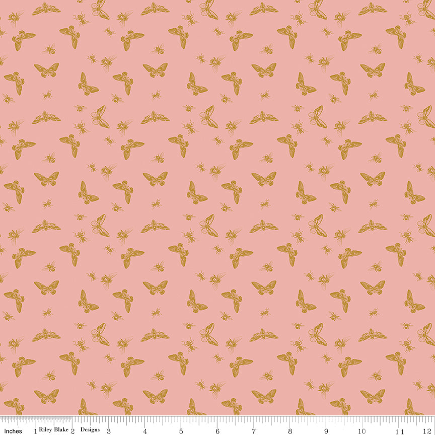 Coral fabric with little winged bugs.