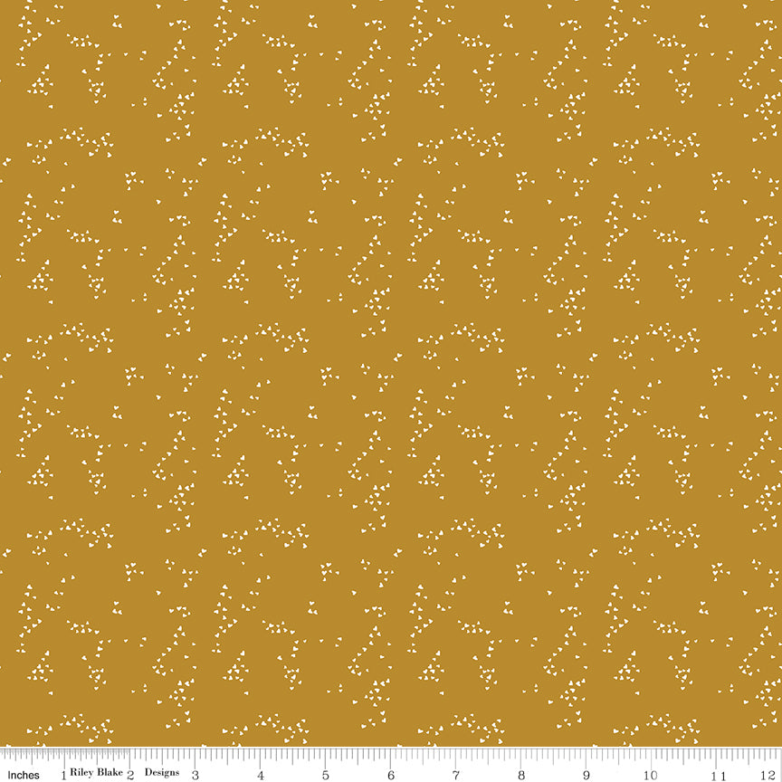 Orange fabric with scattered hearts.