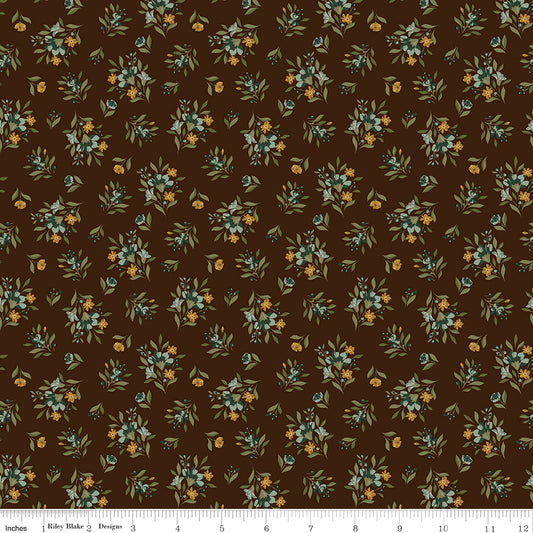 Dark coffee brown quilting cotton fabric with scattered floral bouquets of small blossoms and leaves in sage green, golden yellow, and cream. Worth Repeating by Sandy Gervais for Riley Blake Designs.