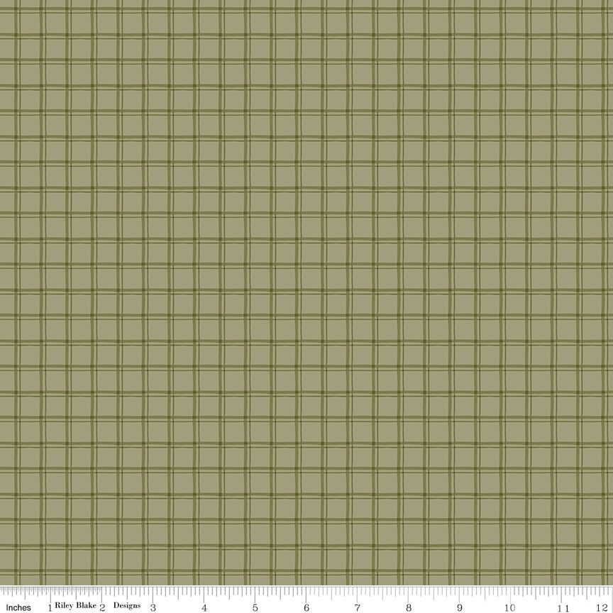 Sage willow green quilting cotton fabric with a classic plaid grid pattern in olive, forest green, and brown. Worth Repeating by Sandy Gervais for Riley Blake Designs.
