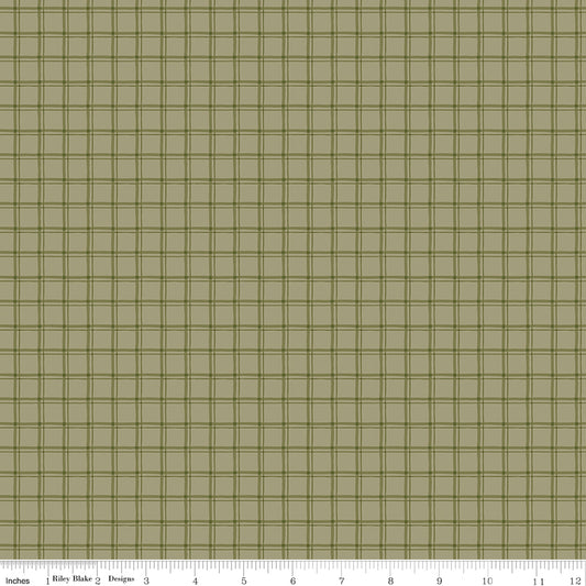 Sage willow green quilting cotton fabric with a classic plaid grid pattern in olive, forest green, and brown. Worth Repeating by Sandy Gervais for Riley Blake Designs.