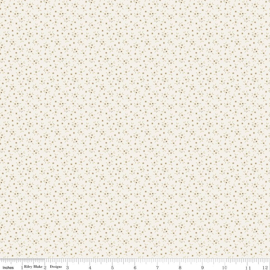 Cream quilting cotton fabric with an all-over tiny ditsy floral print of small blossoms and leaves. Worth Repeating by Sandy Gervais for Riley Blake Designs.