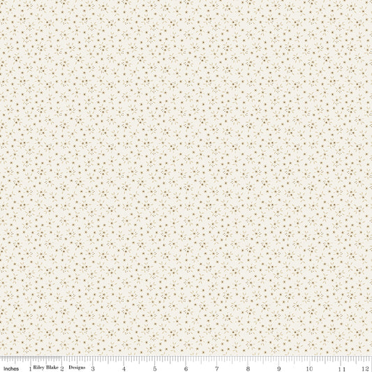 Cream quilting cotton fabric with an all-over tiny ditsy floral print of small blossoms and leaves. Worth Repeating by Sandy Gervais for Riley Blake Designs.