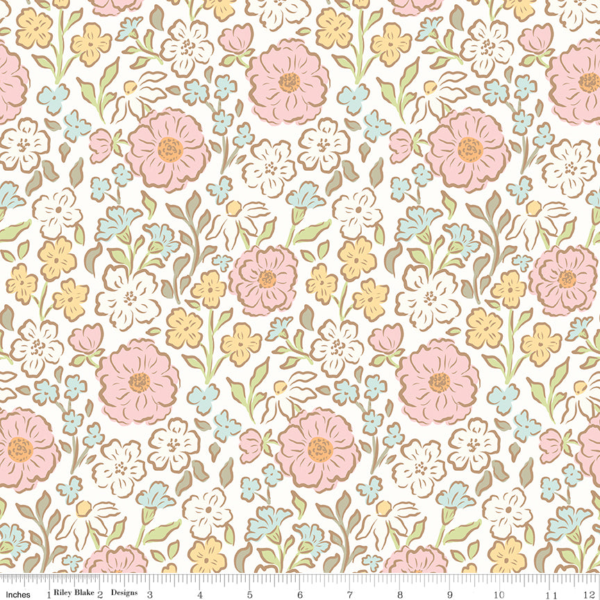 Off-white fabric with small sprigs of flowers and leaves.