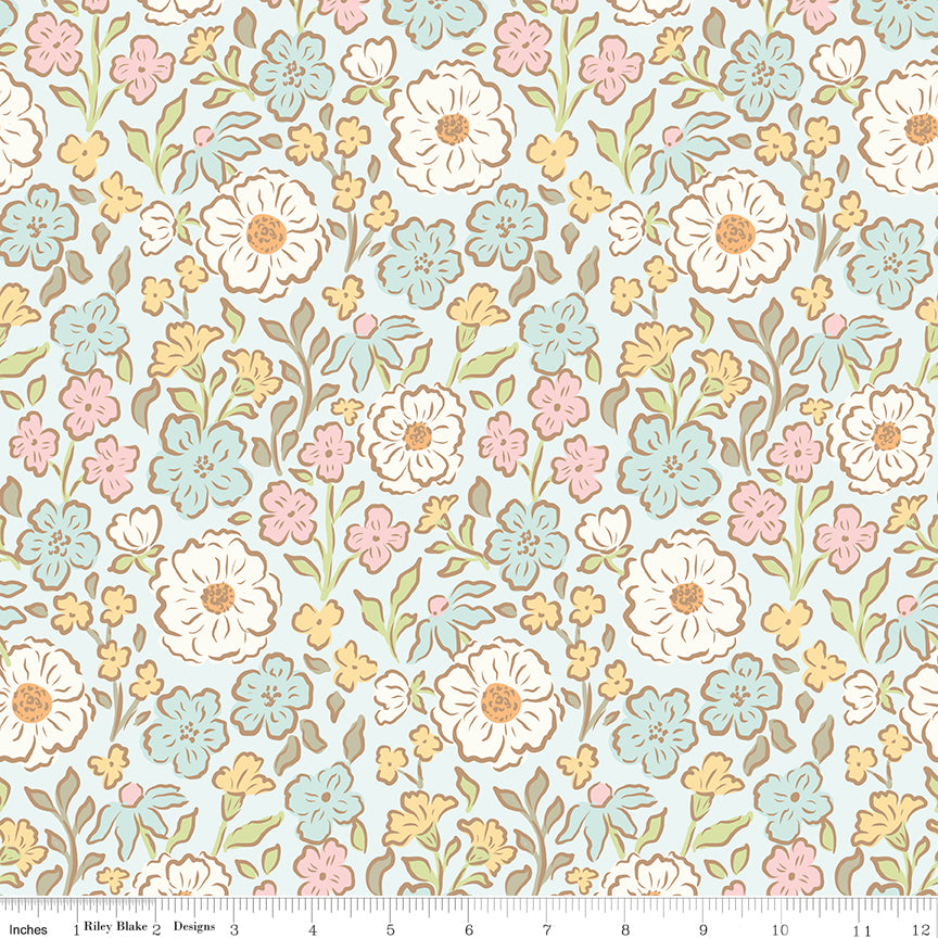Blue fabric with small sprigs of flowers and leaves.