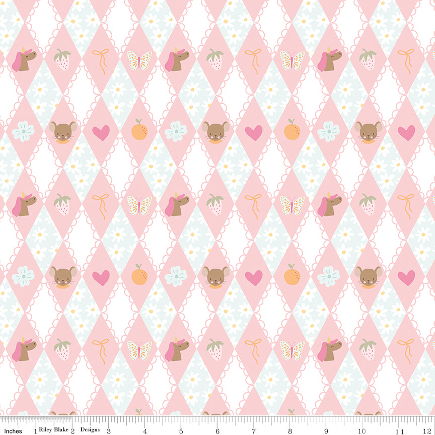 Pink fabric with a diamond grid of daisies, bows, butterflies, hearts and more.