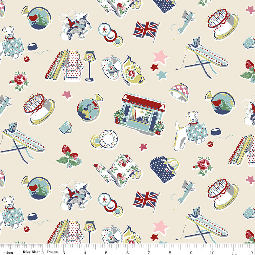 Icons Cream classic Cath Kidston icons print fabric by Cath Kidston for Riley Blake Designs