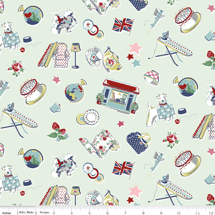 Icons Mist classic Cath Kidston icons print fabric by Cath Kidston for Riley Blake Designs