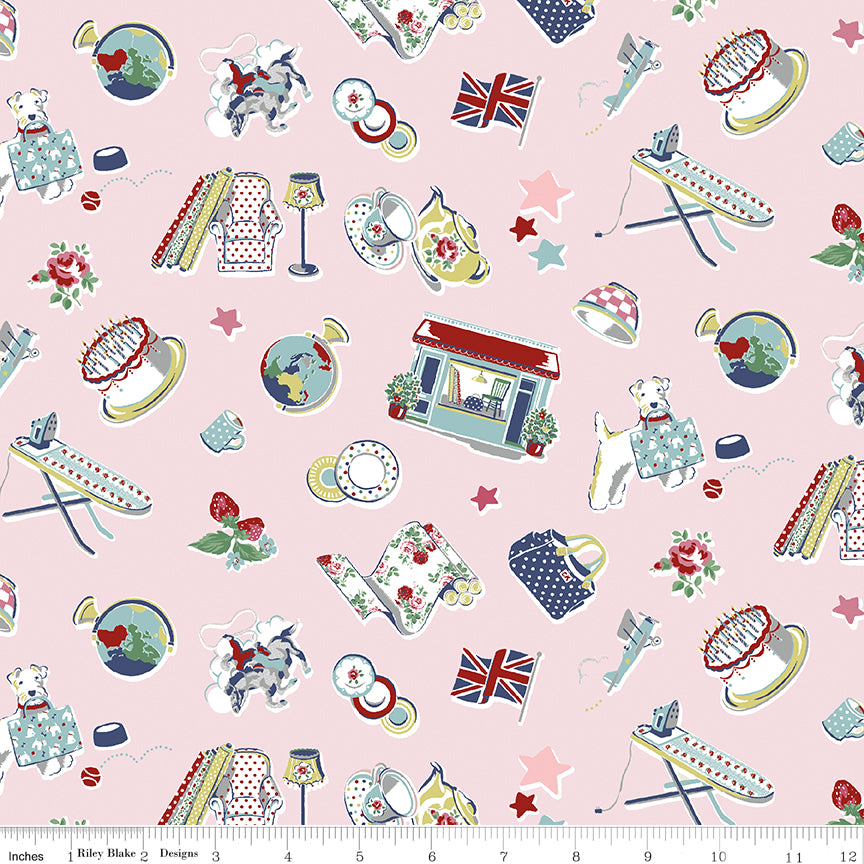 This print features classic Cath Kidston® icons, such as teacups, dishes, flags, fabric, flowers, dishes, handbags, and more on a pink background.