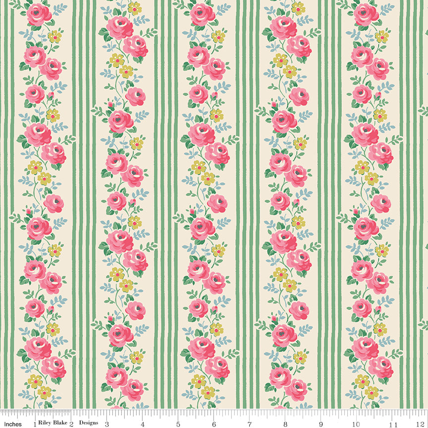 This fabric features floral stripes. 