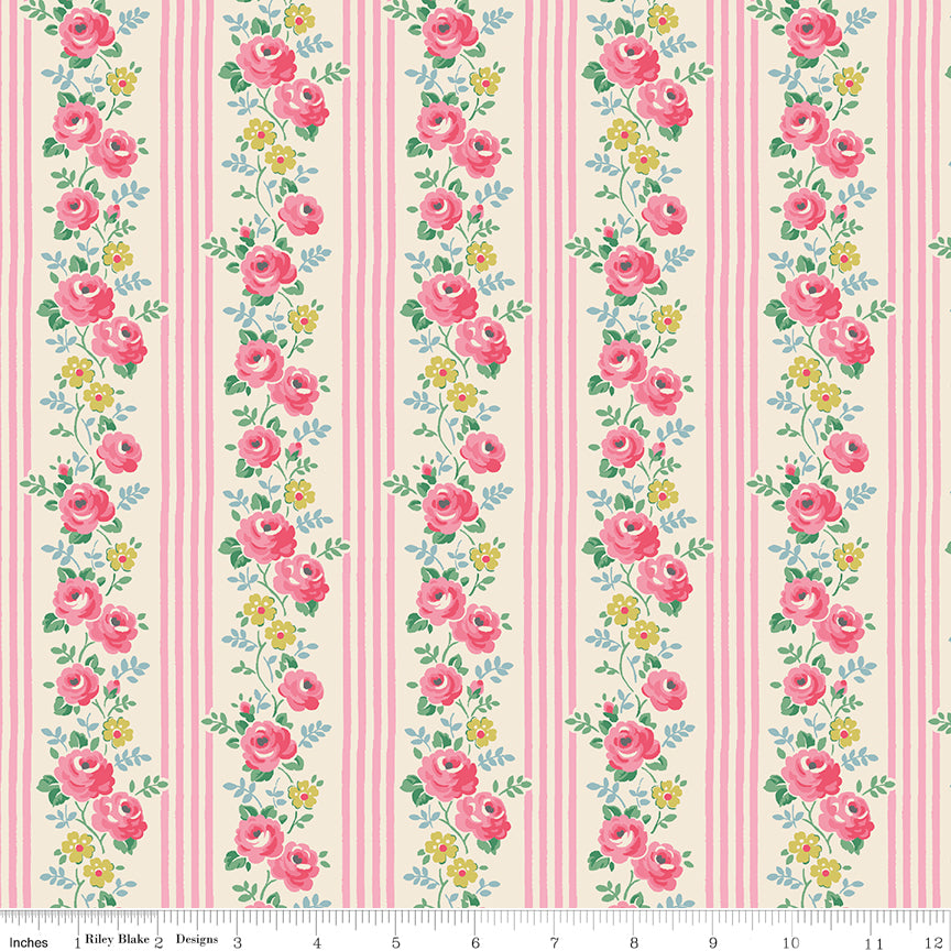 This fabric features floral stripes. 