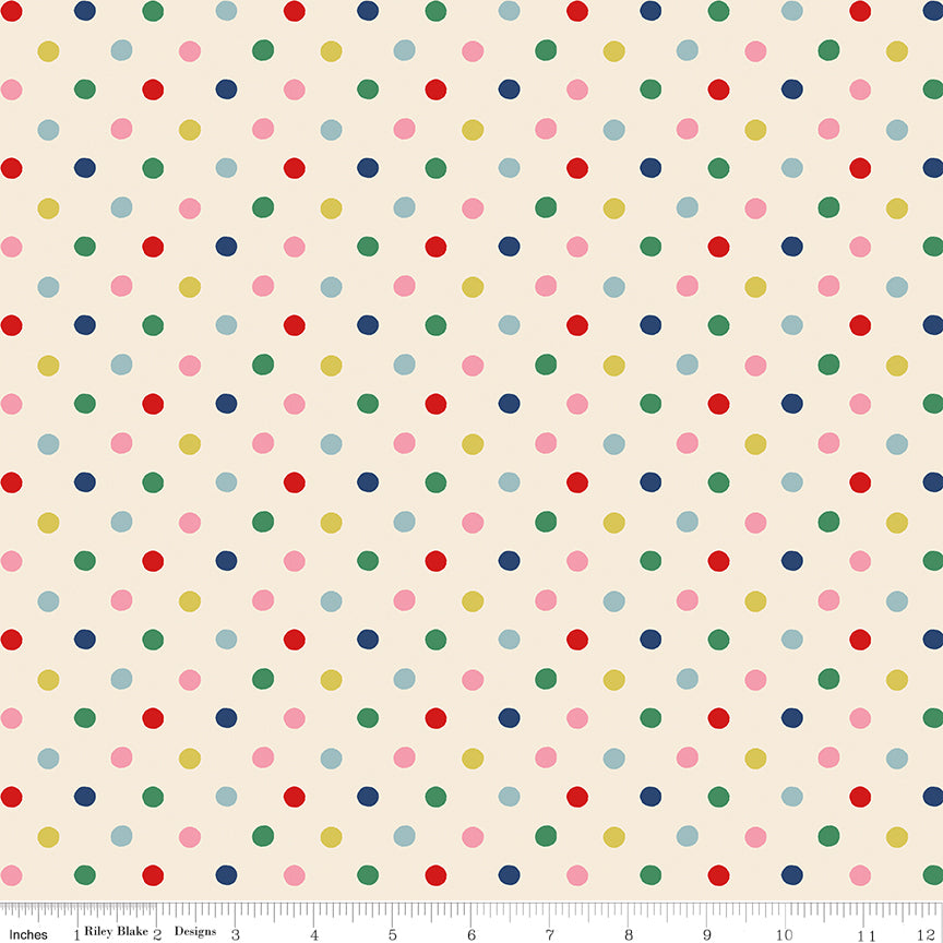 This cream  fabric print features an array of brightly colored polka dots. 