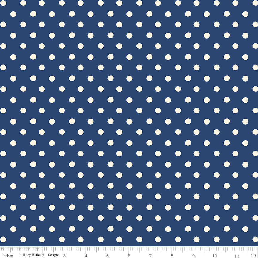 Navy fabric swatch with white polka dots.