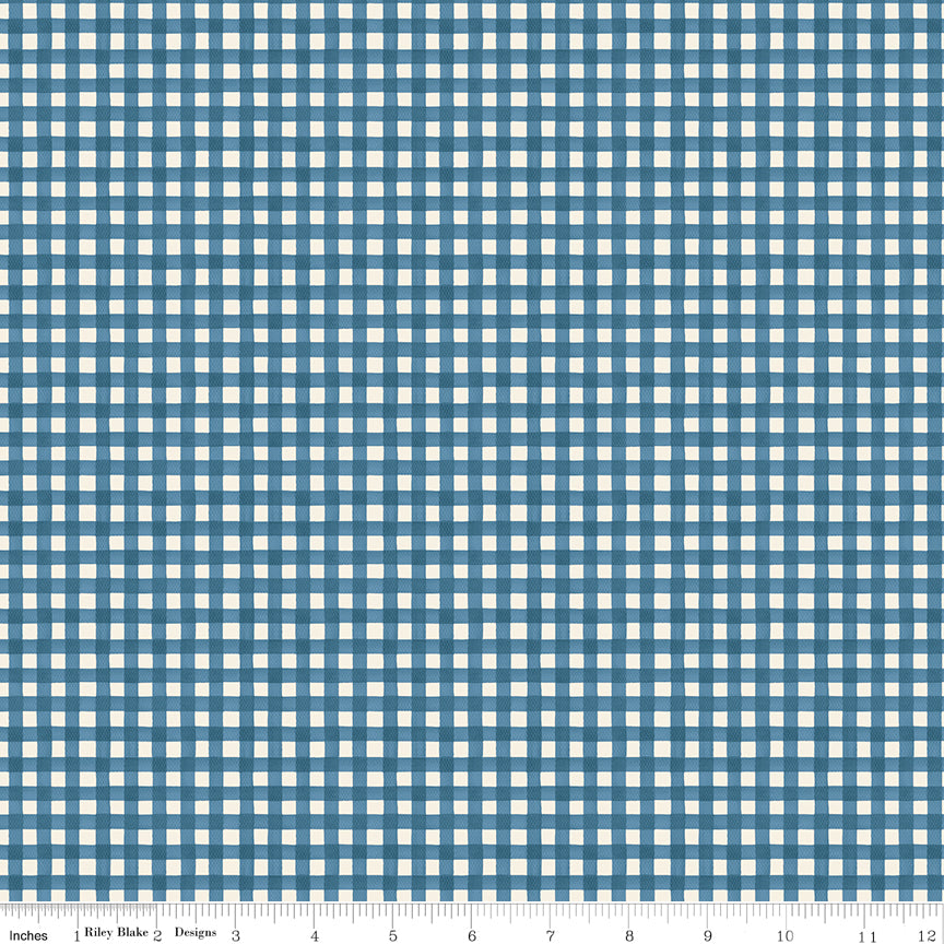 White and blue gingham pattern on a fabric swatch.