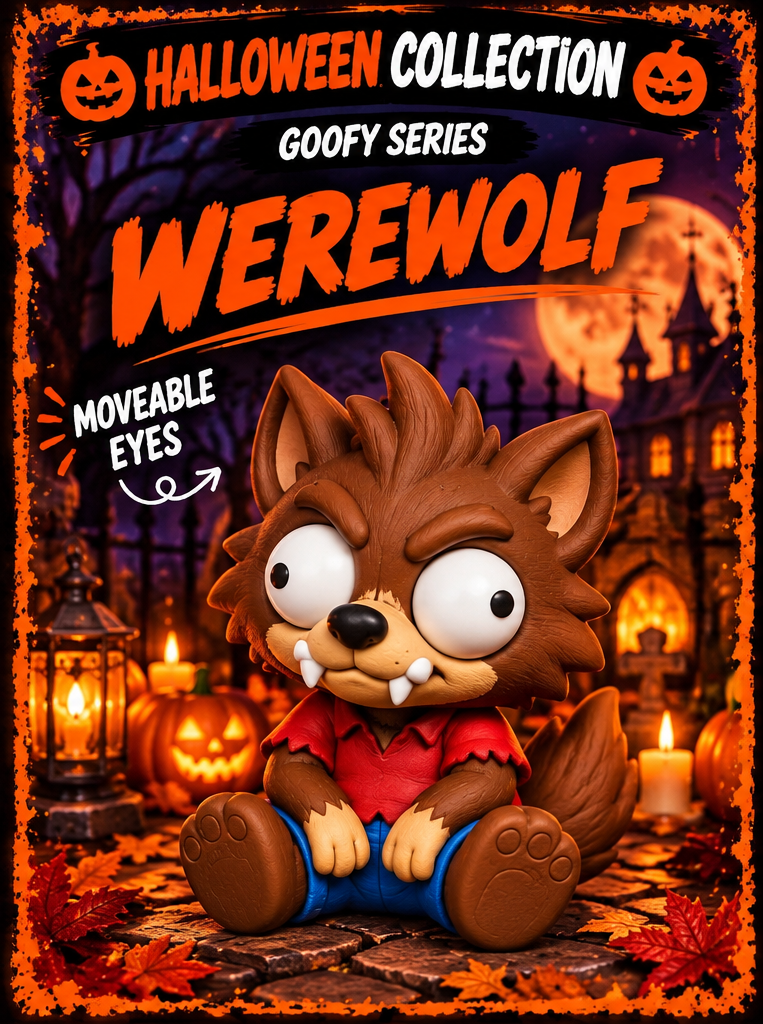 A Halloween-themed collectible figurine werewolf in a red shirt and blue pants.