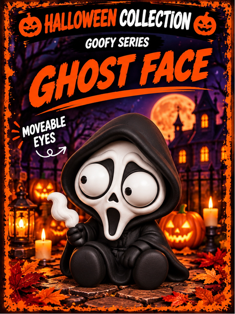 A Halloween-themed collectible figurine of a ghost-faced hooded character in black.