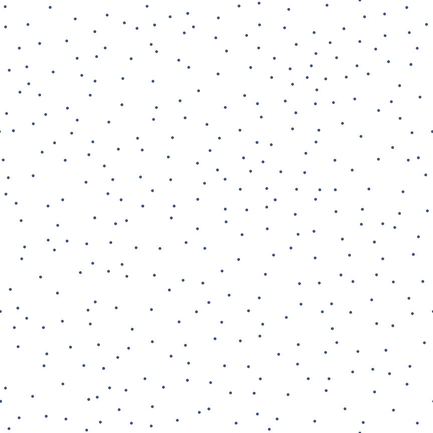 Fabric swatch with a white background and scattered denim-colored pin dots.