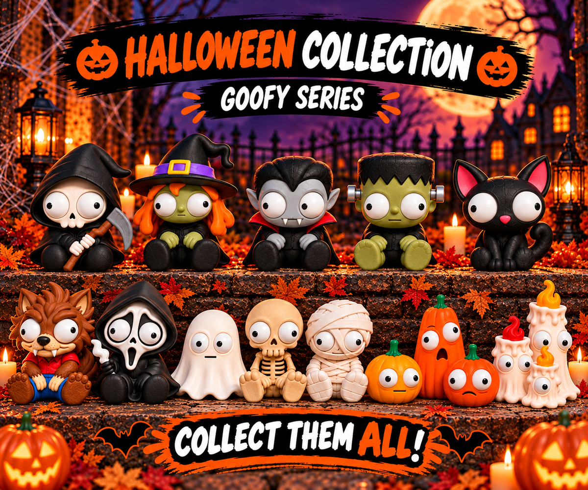 16 Halloween characters with goofy movable eyes on a spooky backdrop.