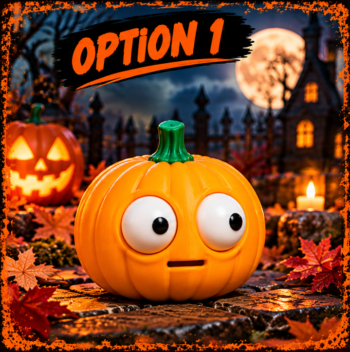 A novelty plastic pumpkin with large cartoon eyes and a small mouth, shown in a Halloween-themed scene with a lit jack-o'-lantern, full moon, haunted house, candles, and autumn leaves. An overlay at the top reads 'OPTION 1'.
