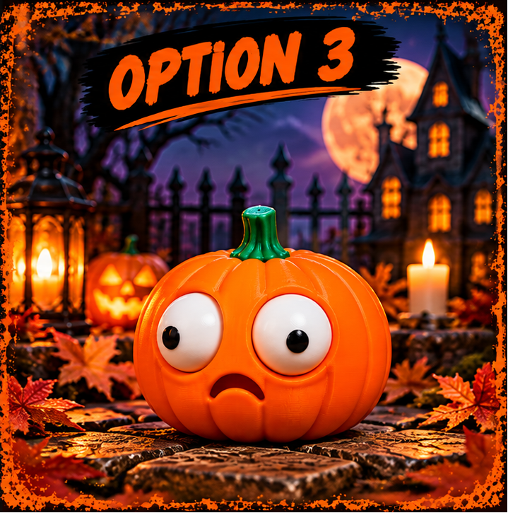 Goofy pumpkin figurine with a spooky backdrop.