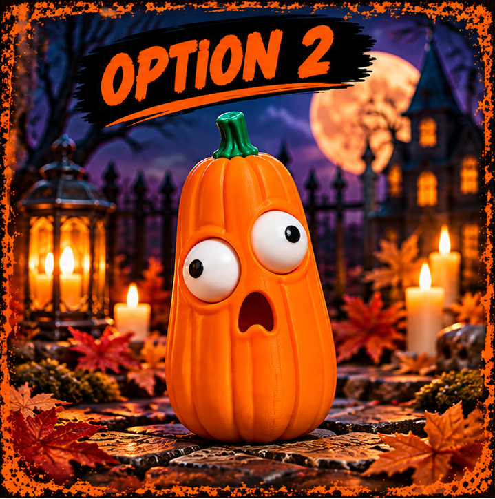 A scared pumpkin figure with googly, movable eyes set against a spooky backdrop.