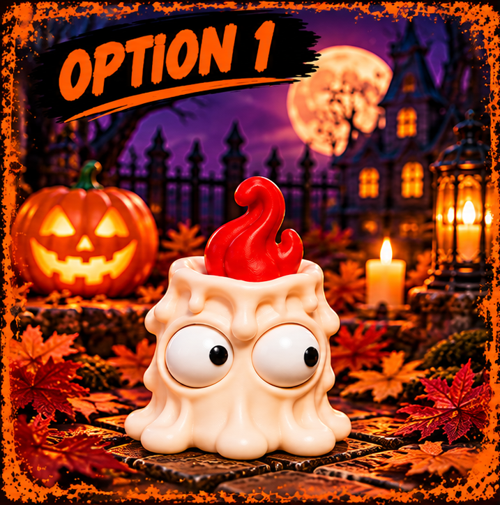 A small candle with a red flame and large googly eyes in front of a spooky backdrop.