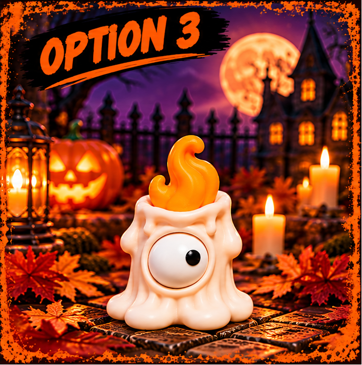A Halloween candle figurine with one goofy eye and a yellow flame against a spooky backdrop.