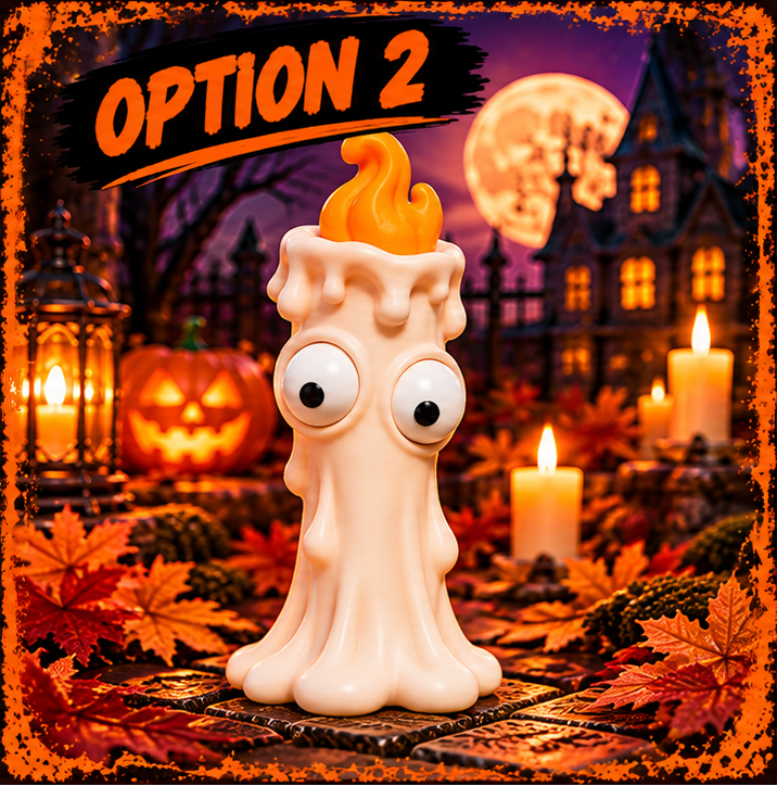 A goofy-eyed dripping candle with a yellow flame with a spooky backdrop.