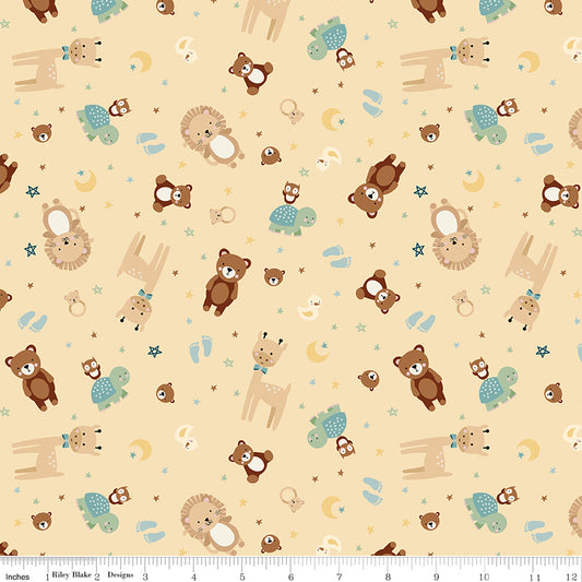 Flannel Baby Boy Animal Toss Yellow by Lori Whitlock for Riley Blake Designs — tossed bears, lions, giraffes, and turtles on yellow cotton flannel, shown with ruler for scale