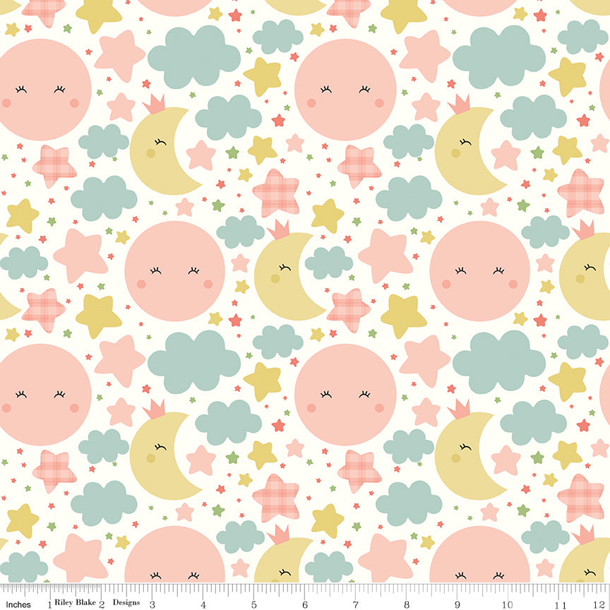 Love You to the Moon Nighttime White flannel by Echo Park for Riley Blake Designs — pink, yellow, and blue pastel moons and stars on white cotton flannel, shown with ruler for scale