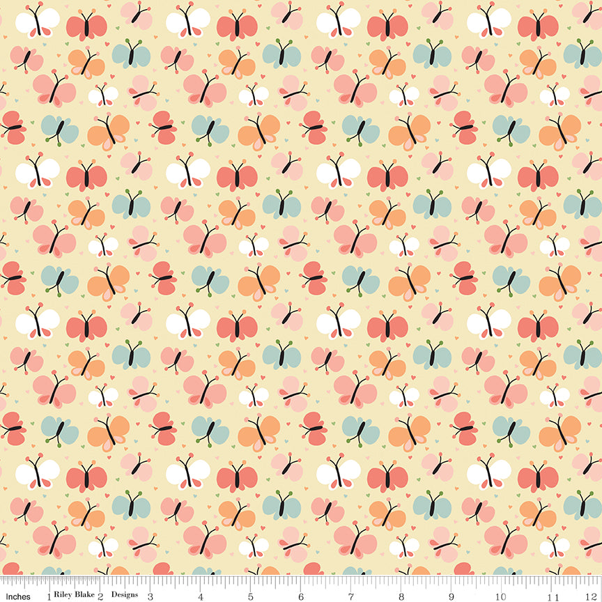 Love You to the Moon Butterflies Sunshine flannel by Echo Park for Riley Blake Designs — cotton flannel with butterflies and hearts in the Sunshine colorway, shown with ruler for scale