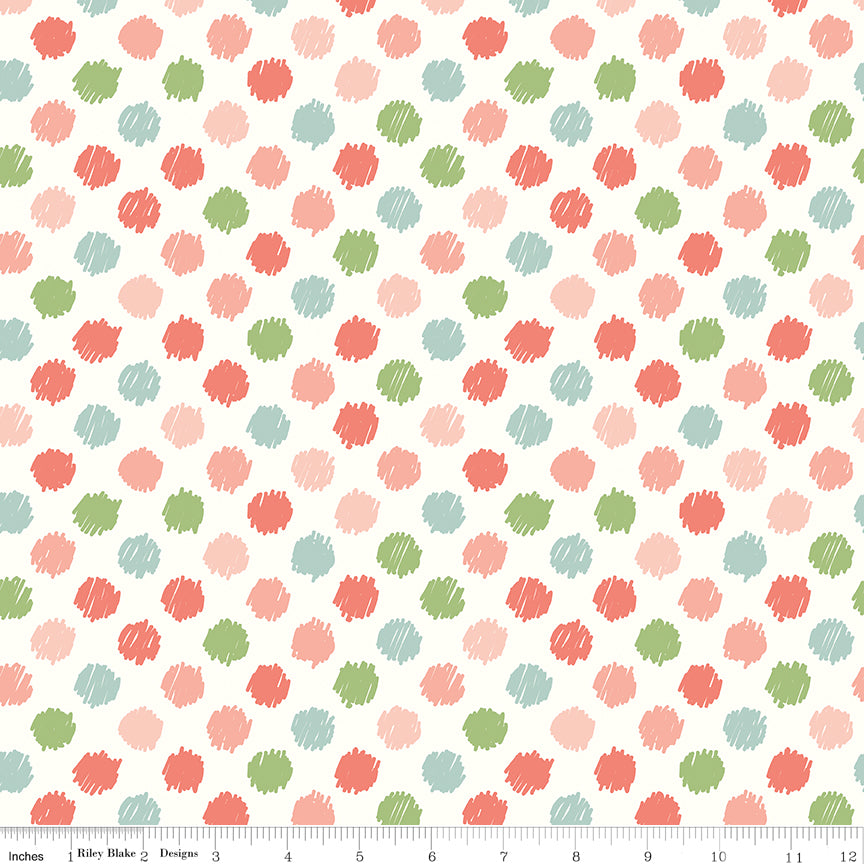 Love You to the Moon Dots White flannel by Echo Park for Riley Blake Designs — cotton flannel with scribbled polka dots on white, shown with ruler for scale