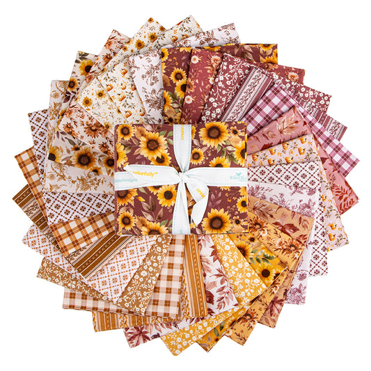 Harvest on the Prairie by Melissa Gilbert of Modern Prairie for Riley Blake Designs — fanned fat quarter bundle featuring sunflowers, pumpkins, prairie blooms, botanicals, stripes, and plaids in purples, yellows, and golds