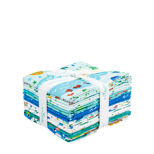 Fat quarter stacked bundle of the collection Brave Your Way featuring blues and aquas and whites. 
