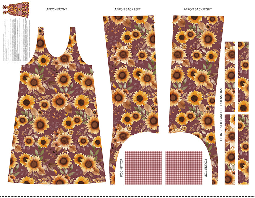 Sunflower apron pattern pieces printed on canvas with front, back left, back right, pocket, and fabric swatches on a white background.