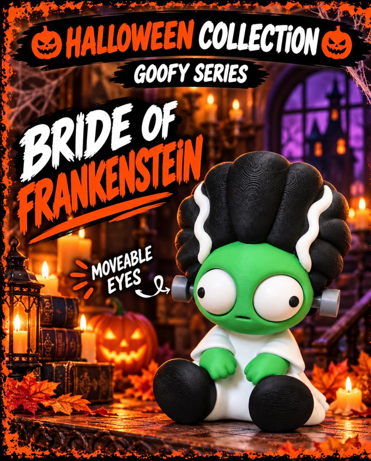 Halloween-themed collectible figurine of 'Bride of Frankenstein' from the Goofy Series, featuring a green-skinned character with black and white hair, large moveable eyes, and a white dress, set against a spooky Halloween background with candles, a jack-o'-lantern, and promotional text overlays.