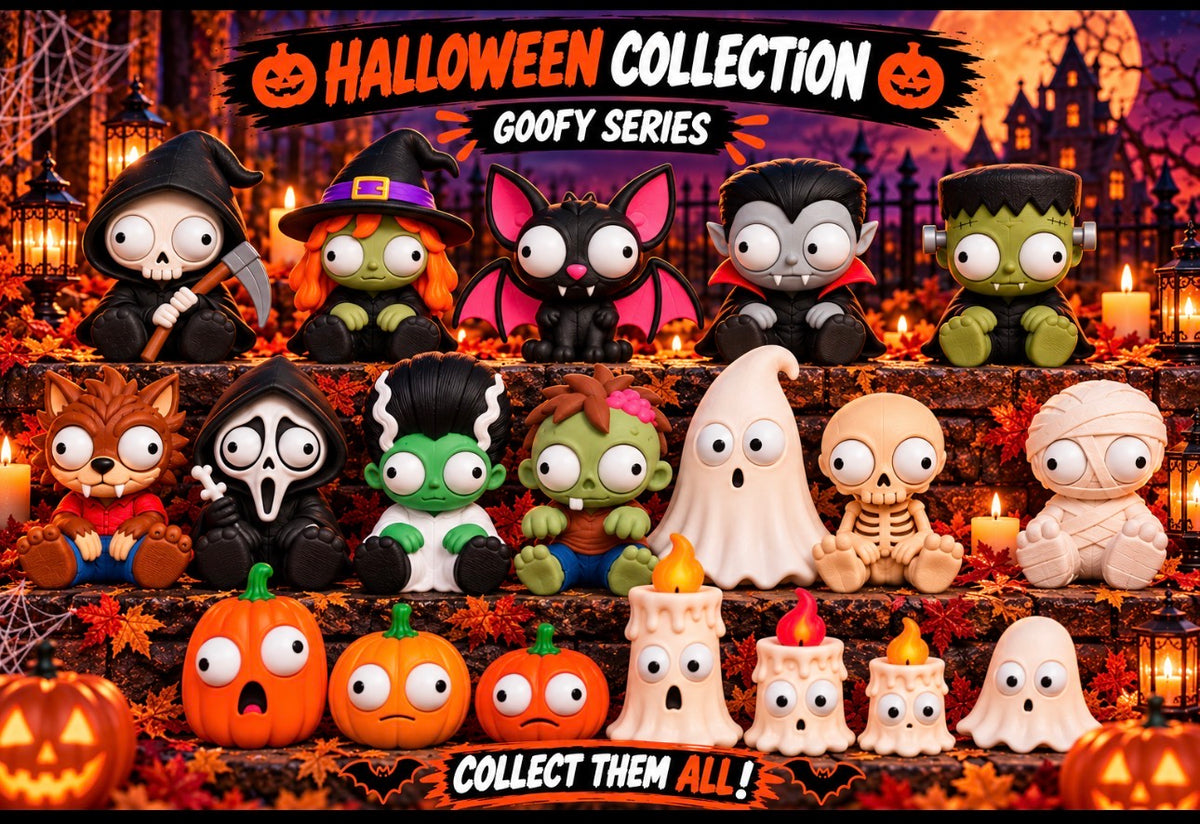 A spooky backdrop featuring 19 collectible "Goofy Series" figurines.