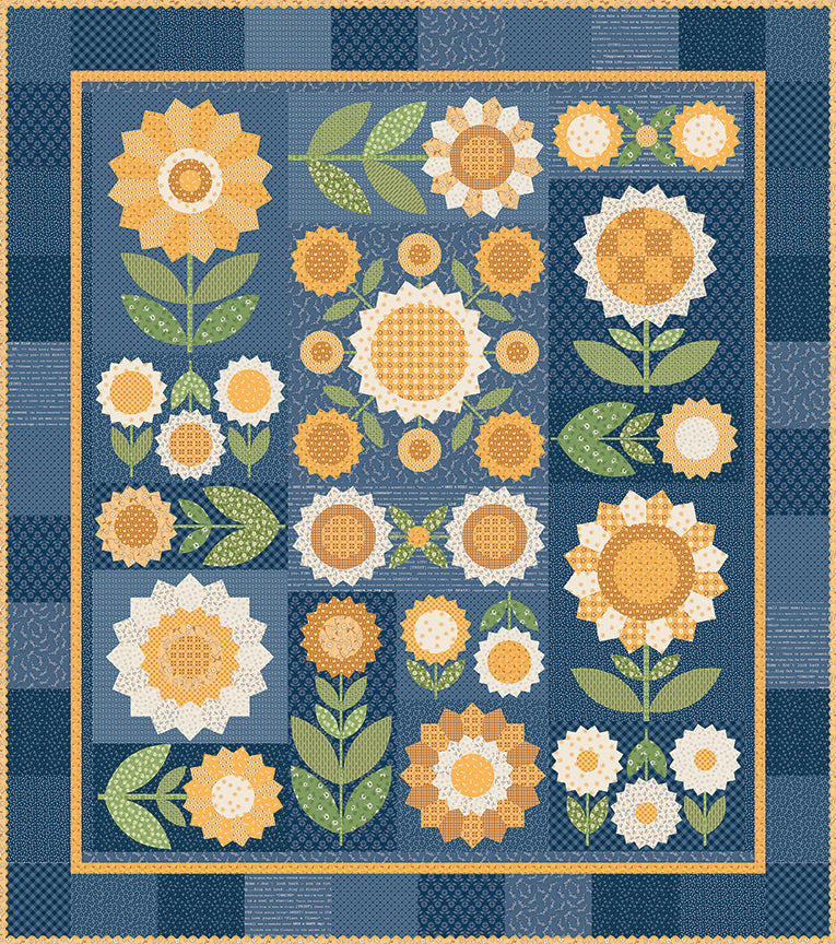 Finished Fresh as a Daisy quilt by Lori Holt made with Denim & Daisy fabric in denim blue and daisy yellow.