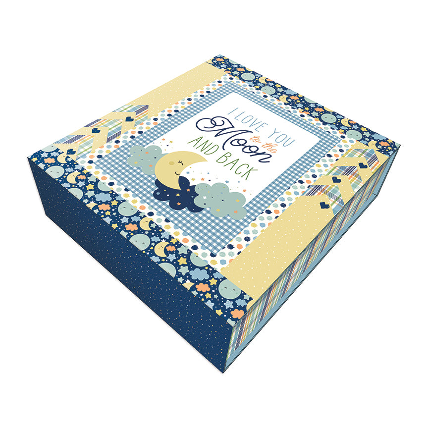 Keepsake box for the Love You to the Moon Blue Panel Quilt Kit by Riley Blake Designs.