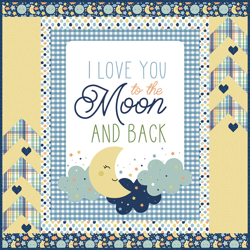 Finished Love You to the Moon Blue Panel quilt made with Love You to the Moon flannel by Echo Park for Riley Blake Designs.