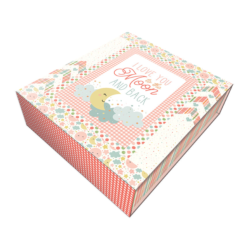 Keepsake box for the Love You to the Moon Coral Panel Quilt Kit by Riley Blake Designs.